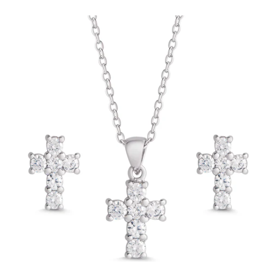 CZ Cross Pendant and Stud Earrings in Sterling Silver