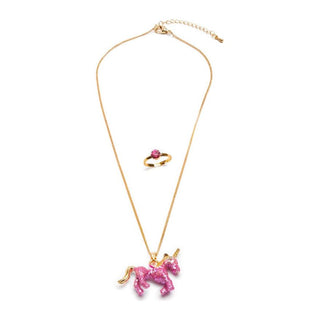 Glitter Pink Unicorn Necklace & Ring Set 