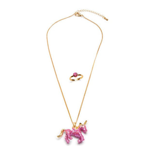 Glitter Pink Unicorn Necklace & Ring Set