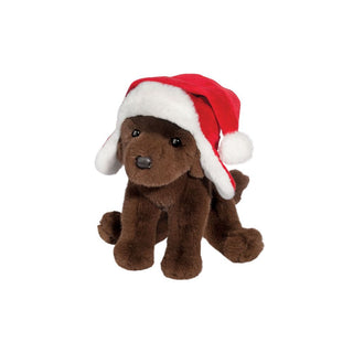 Chocolate Lab with Santa Bomber Hat 