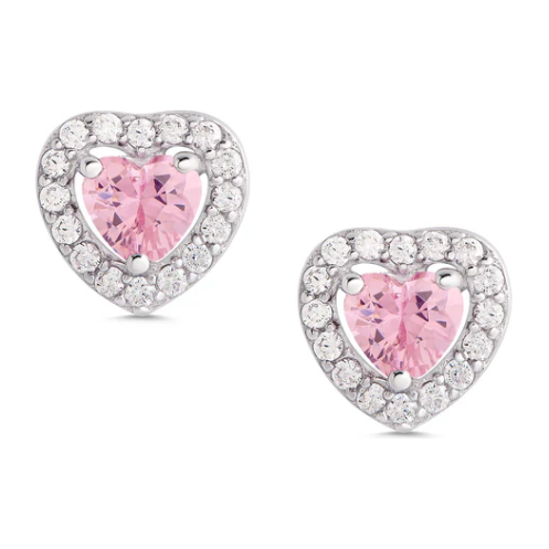 Pink & White CZ Heart Halo Stud Earrings in Sterling Silver