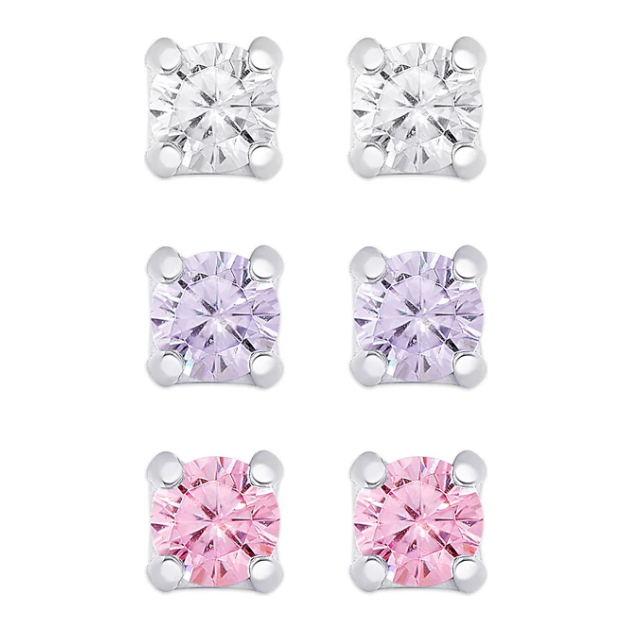 CZ Studs Set in Sterling Silver (White, Lavender, Pink)