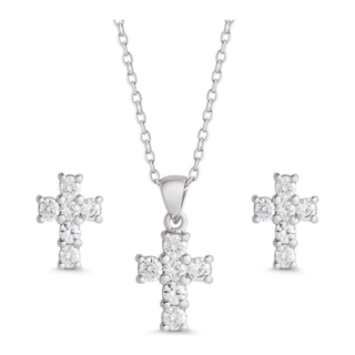 CZ Cross Pendant and Stud Earrings in Sterling Silver 