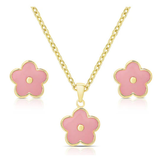 Flower Stud Earring and Necklace Set - Pink