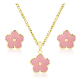 Flower Stud Earring and Necklace Set - Pink 